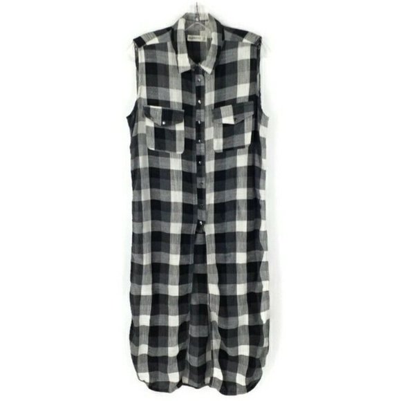 Blank NYC Black White Buffalo Plaid Sleeveless Snap Up Duster Vest Womens Medium - Picture 1 of 13